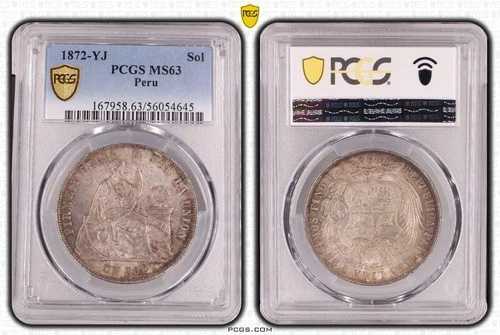 コインシルバーペルー1ソル1872ホルダーPCGS MS63素晴らしい状態ライプツィヒ-