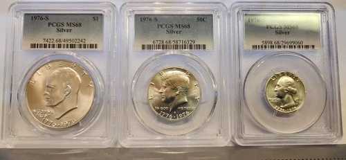 1976年 S 3枚セット 200周年記念銀貨 PCGS MS68 25セント ワシントン-50セント ケネディ-$1アイク