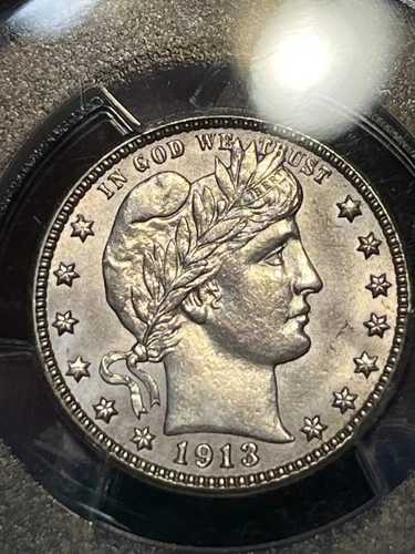 1913年 D シルバー バーバー クォーター 25セント - デンバー、PCGS、ほぼ新品/AU 詳細