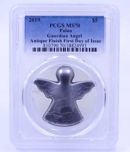 2019 3D マイ・ガーディアン・エンジェル パラオ $5 PCGS MS70 FDOI シルバー アンティーク仕上げ