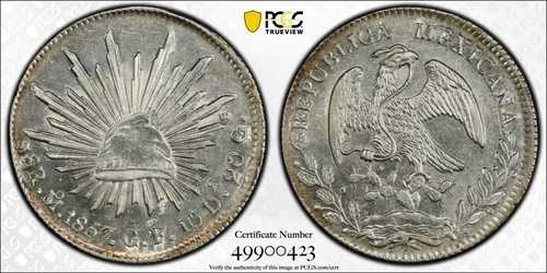 メキシコシティ造幣局 1857-MoGF 8レアル、未流通、PCGS認定 UNC 詳細