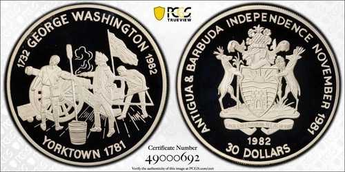 1982年 アンティグア・バーブーダ 30ドル ヨークタウン PCGS PR 70 ディープカメオ