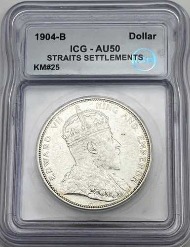 1904 B Straits Settlements 1 ドル KM#25 シルバー ICG AU50 ほぼ未使用...