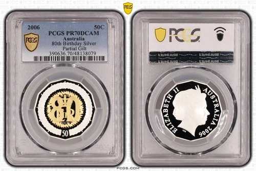 オーストラリア 2006年 80歳誕生日 金鍍金 50セント プルーフ PCGS PR70DCAM 相当 トップポップ #8079