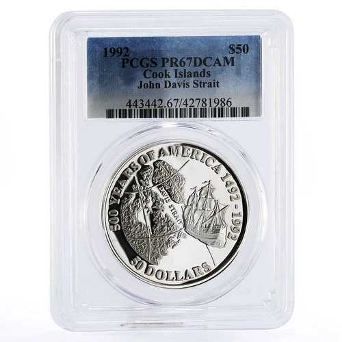 クック諸島 50ドル ジョン・デイビス海峡船 PR67 PCGS 銀貨 1992年