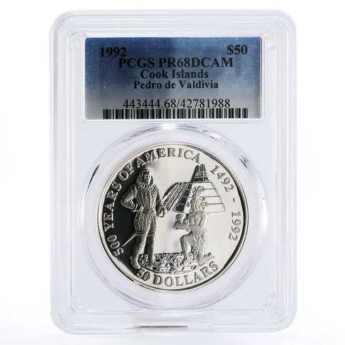 クック諸島 50ドル ペドロ・デ・バルディビア アステカ人 PR68 PCGS 銀貨 1992年