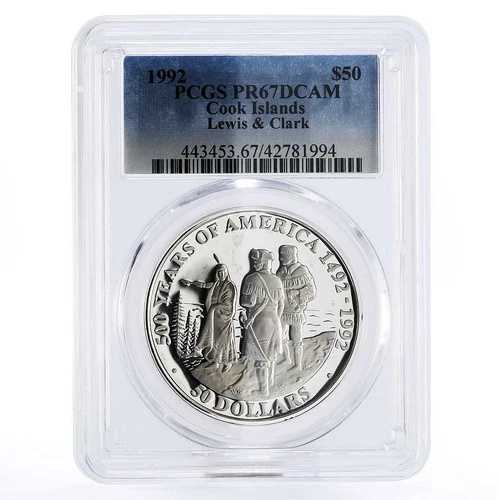 クック諸島 50ドル ルイス・クラーク インディアンマン フォレスト PR67 PCGS 銀貨 1992年
