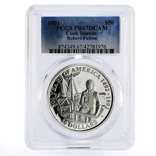 クック諸島 50ドル キャプテン・ロバート・フルトン船 PR67 PCGS 銀貨 1991年