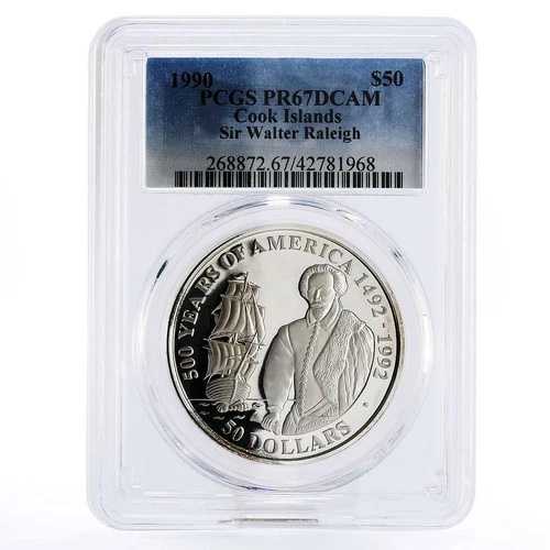 クック諸島 50ドル サー・ウォルター・ローリー船 PR67 PCGS 銀貨 1990年