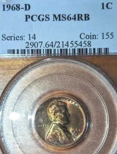 希少 PCGS レッドペニー 1960D MS65RD + 1968D 1C RB シリーズ 14 コイン 番号 #155