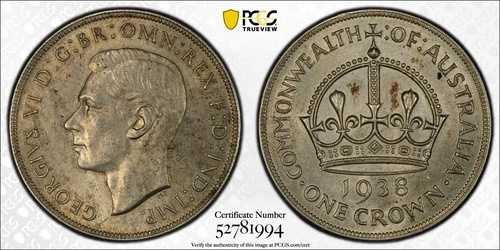 1938年 オーストラリア クラウン PCGS グレード AU58 aUNC 5シリング 5/- キーデート ラージコイン