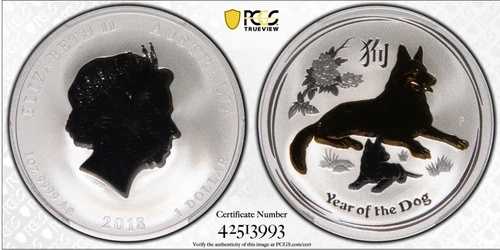 2018-P 1オンス 戌年 銀メッキ地金コイン PCGS MS70 : パース造幣局