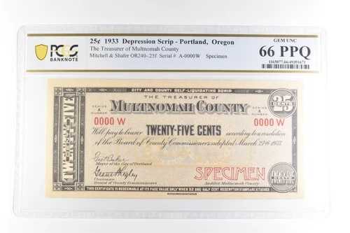 1933年 25セント スクリップ ポートランド オレゴン州 マルトノマ郡 ジェム Unc 66 PPQ PCGS *2095｜WORLD RESOURCE【QUEEN店】