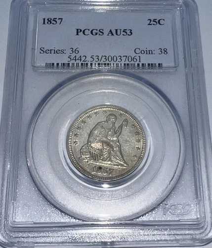 1857 P リバティ シーテッド クォーター ドル アーリー ブルー ラベル PCGS AU53 非常に素晴らしいコイン!