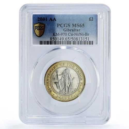 ジブラルタル 2ポンド ユニオンジャック旗 ブリタニア KM-970 MS65 PCGS バイメタルコイン 2001年