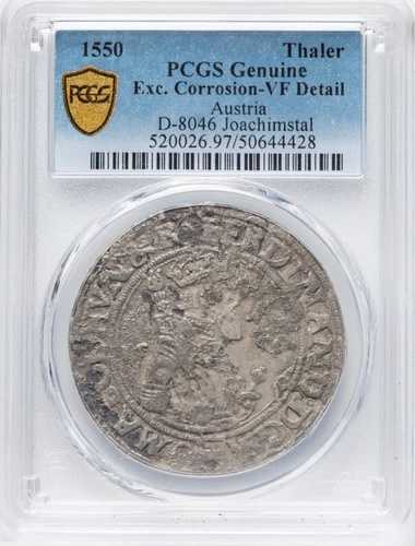 オーストリア、神聖ローマ帝国、フェルディナント1世、ターレル銀貨、1550年 PCGS ゴールドシールド