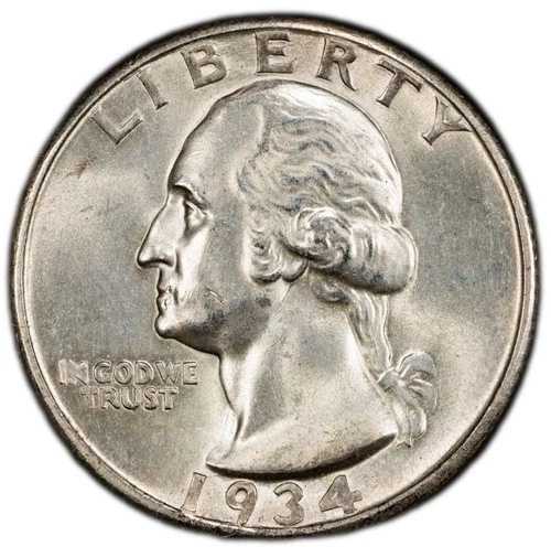 1934-D ワシントン・クォーター。重厚なモットー入り。未使用。詳細。PCGS
