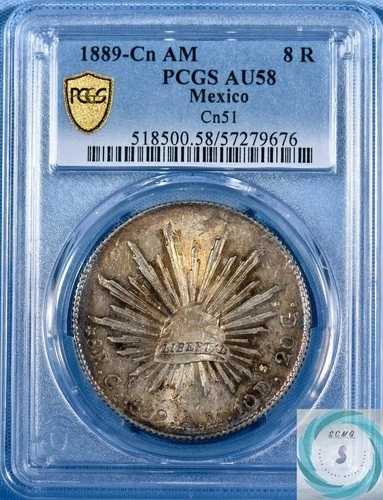 1889年頃 AM メキシコ シルバー 8レアル PCGS AU58 - 光沢のある緑青が目を引きます