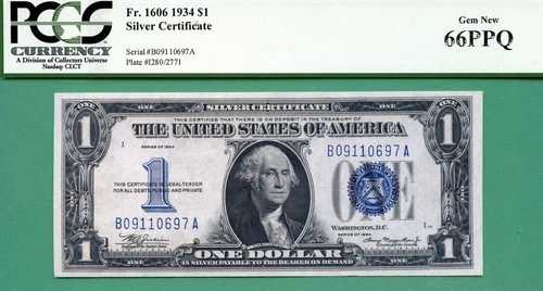1934 $1 SC - PCGS GEM 66 PPQ - Fr 1606 - シリアル番号は 0-911-0 で始まります!!