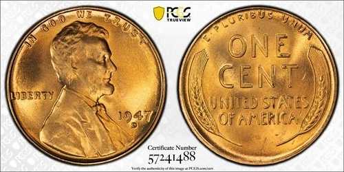 PCGS MS67 RD 1947-D リンカーン・ウィート・セント・レッド