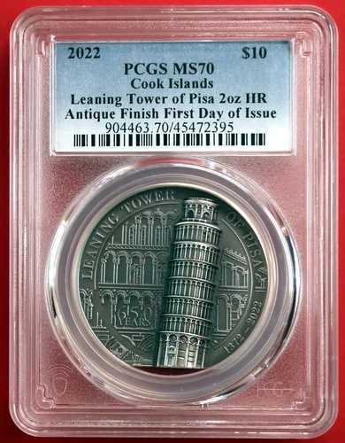 2022年 クック諸島 ピサの斜塔 PCGS MS70 2オンス シルバーアンティークコイン