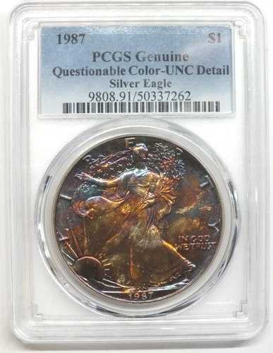 1987年 シルバーイーグル 1オンス PCGS トゥルークエスチョナブルカラー UNC 詳細 - L624-
