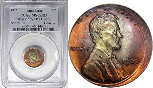 1937 1C PCGS MS65RD オフセンター リンカーン ウィート ~ 素晴らしい PQ 宝石!