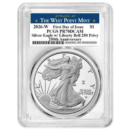 プレセール - 2026-W プルーフ $1 アメリカン シルバー イーグル PCGS PR70DCAM FDOI ウェストポイント