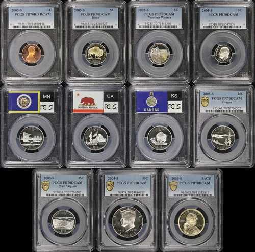 2005-S 1セント、5セント×2、10セント、25セント×5、50セント、および$1 11コインプルーフセット PCGS PR-70 DCAM