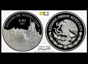 メキシコ 2007 $10 ペソ プルーフ エスタド デ ヌエボ レオン PCGS PR69