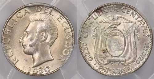 エクアドル 1930年 50センターボ PCGS MS 64 PC1351 同梱配送