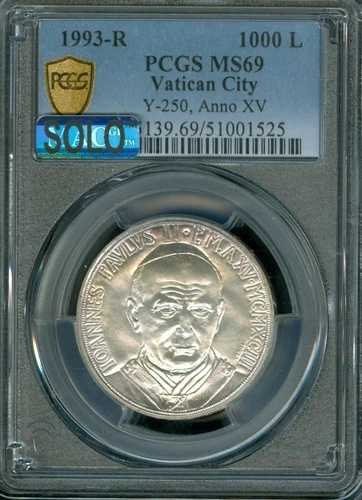 1993年 R バチカン シルバー 1000 リラ 教皇ヨハネ・パウロ2世 15世 PCGS MS69 MAC SOLO 最高級