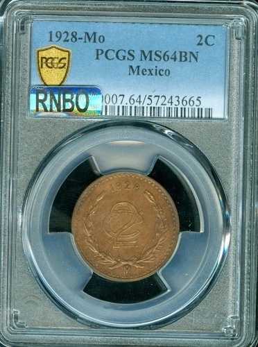 1928 メキシコ 2 センターボ PCGS MS64BN MAC RNBO または RAINBOW 665 。