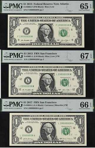 2013 $1 FRN PMG 67EPQ - 希少ファンシーシリアルナンバー 19999938 29999938 39999938