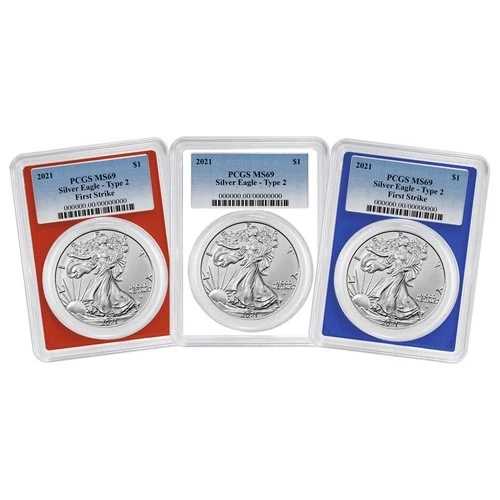 3枚セット - 2021 $1 1オンス T2 アメリカンシルバーイーグル PCGS MS69 FS ブルーラベル レッド