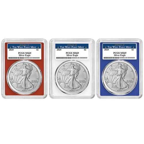 3枚セット - 2025年 1ドル 1オンス アメリカン シルバー イーグル PCGS MS69 ウェストポイント ラベル レッド
