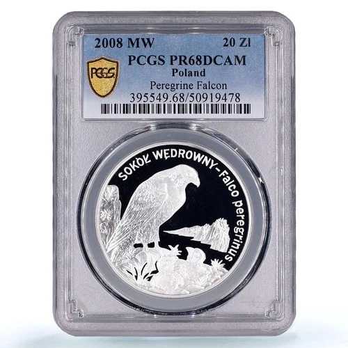 ポーランド 20ズウォティク ソコル 鷹 動物 鳥 動物相 PR68 PCGS 銀貨 2008年