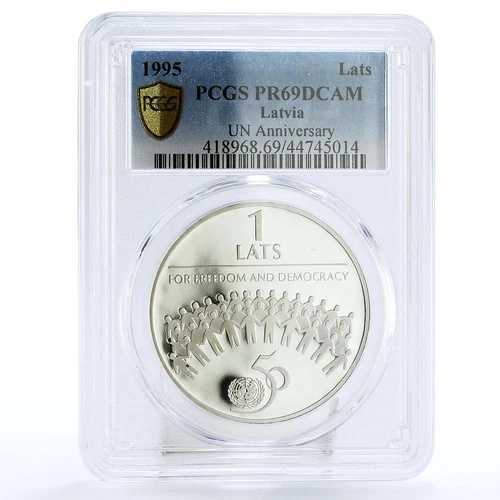 ラトビア 1ラト 国連自由50周年記念 PR69 PCGS 銀貨 1995年