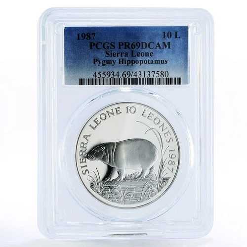 シエラレオネ 10レオンズ 野生動物 コビトカバ PR69 PCGS 銀貨 1987年