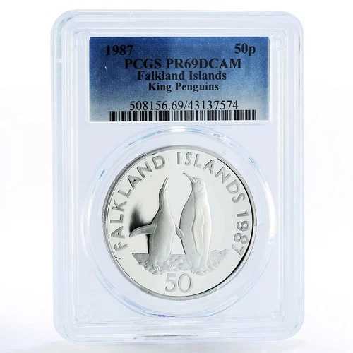 フォークランド諸島 50ペンス キングペンギン 動物相 PR69 PCGS 銀貨 1987年