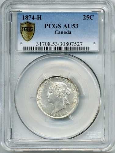 1874-H カナダ 25セント - ほぼ未使用、PCGS AU53