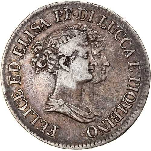 [#876886] コイン、イタリアの州、ルッカ、フェリックスとエリサ、5フランキ、1808年、火、n