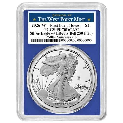 プレセール - 2026-W プルーフ $1 アメリカン シルバー イーグル PCGS PR70DCAM FDOI ウェストポイント