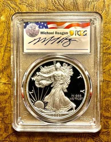 2021 W プルーフ シルバー イーグル PCGS PR70 DCAM タイプ 1 FDOI マイケル・レーガン アイテム番号 NHT