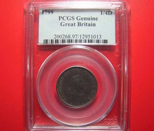 1799年 イギリス 1/4ペンス ファージング 鮮明なディテール！PCGS正規コイン