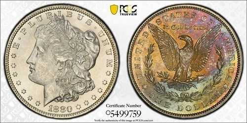 1880年 P モルガンシルバー $1 PCGS & CAC MS63 レインボートーンカラー フロストホワイト 表面63