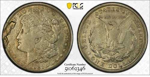 1921年 S $1 モルガン銀貨 PCGS ゴールドシールド AU 50 ストライクスルーミントエラー