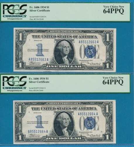 2枚 $1.00 1934年 連続 おもしろ裏銀券 PCGS CHOICE 新品 64PPQ