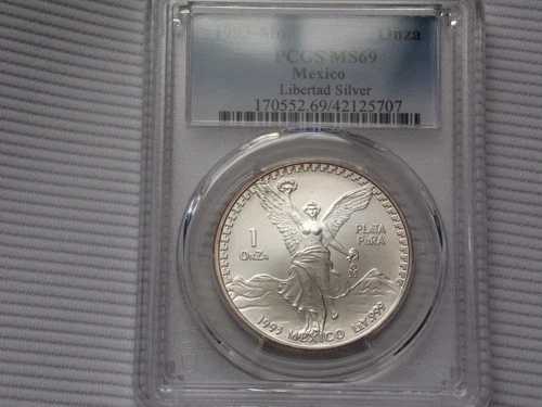 1993年 -MO PCGS MS69 1 ONZA メキシコ シルバー リベルタッド * エッジ周りの色調良好 *