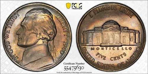 MS67FS 1940 5C ジェファーソンニッケル、PCGS トゥルービュー - プリティアルバムトーン